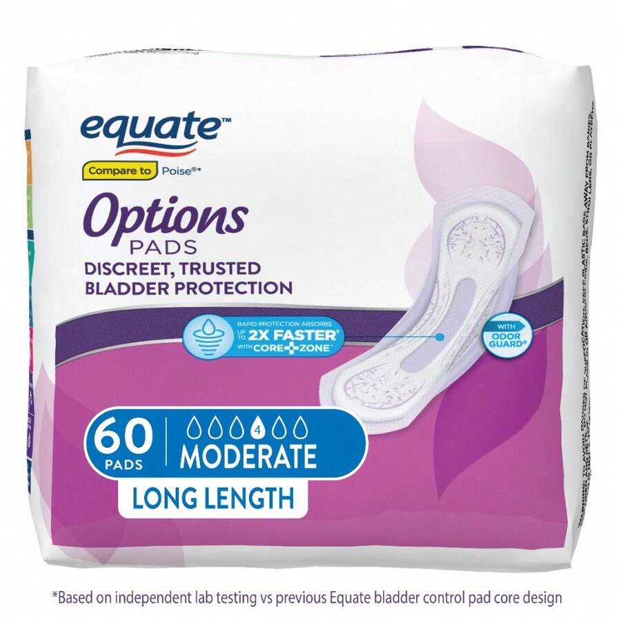 Equate Options Women's Incontinence Pads, Moderate Absorbency, Long Length (60 Count), Compare To Poise® - 1 - View 1