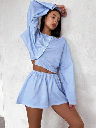 2pcs Set Summer New Blue Top & Elastic Waist Shorts Casual Homewear Set, Can Be Worn Outdoors, Lounge Outfit