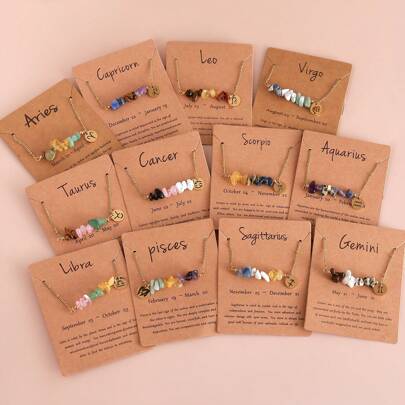 1Pc Bohemian Style Natural Stone 12 Constellation Necklace Stainless Steel Pendant With Constellation Card For Women For Daily Wear