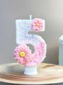 1 Pc Shiny Pink Number Candle With Floral Accents - Sparkling Birthday Cake Decoration For Party And Celebration, Long-Lasting Wax, Indoor Use, Suitable For Festive Gatherings And Birthdays