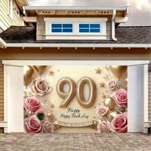 1 faixa para festa de 90 anos - fundo elegante de poliéster dourado e rosa com rosa, estrela e design de "Feliz Aniversário", adequado para decoração de casa e parede, decoração de festa de aniversário, volta às aulas, material escolar