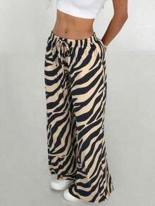 1pc Zebra Print Animal Textured Drawstring Pocket Tie Front Casual Pants, Summer - Apricot - View 3