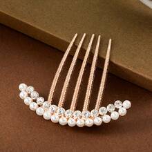 1 件优雅仿珍珠和水钻发梳配件，适合卷发和长发，金属侧夹，返校、旅行度假必备，女士发饰 - 薑色 - 查看 3