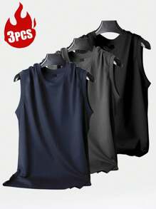 Set de 3 camisetas deportivas casuales para hombres, de tela de punto ligera y transpirable, cuello redondo sin mangas, adecuadas para el gimnasio y el uso casual