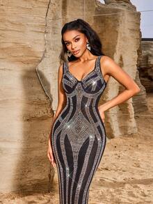Semi-Sheer Elastic Mesh Body-Fitting Luxurious Rhinestone Embellished Party/Evening Gown Dress, Wedding Guest Dress, Formal Dress - Black - View 7