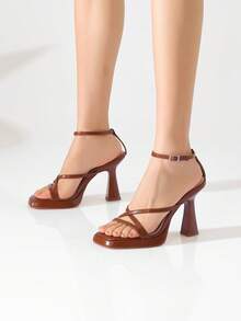 Elegant Platform High Heel Sandals For Women Summer Square Toe Chunky Heel,  Fashion Ankle Strap Brown Heels Soft Leather Comfortable Versatile High Heels, Increase Height & Leg Length, Solid Color Casual Comfortable Women Shoes For Party Wedding Date - 棕色 - 查看 4