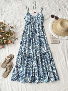 Rusttydustty 女士休闲V领收腰露背长款连衣裙，波西米亚风格，适合复活节海滩、夏威夷音乐节和热带度假 - 綠色 - 查看 1