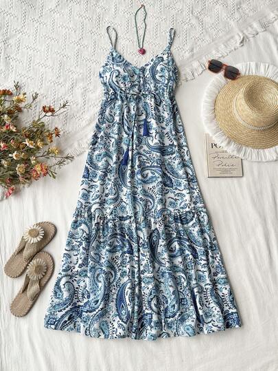 Rusttydustty 女士休闲V领收腰露背长裙，波西米亚风，适合复活节、海滩、夏威夷音乐节、热带度假等场合，优雅夏季穿着