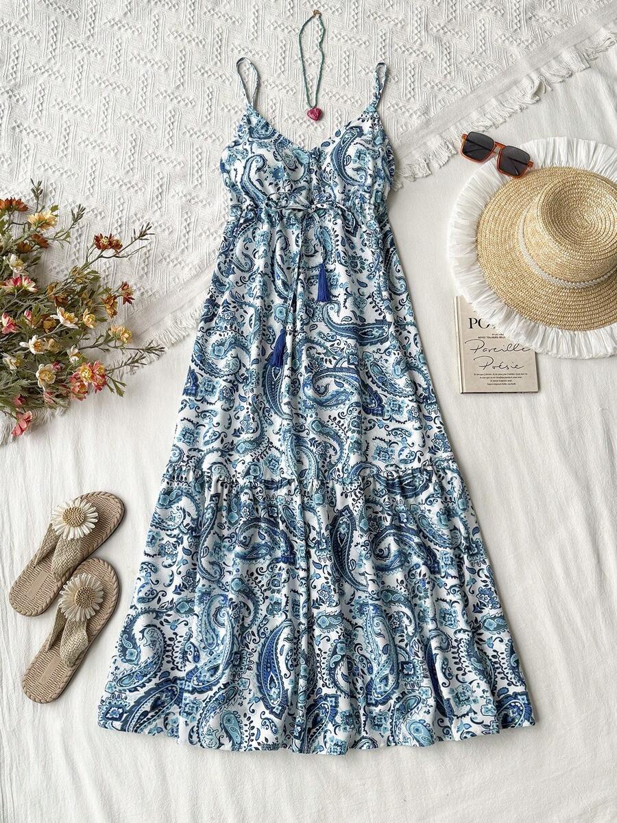 Rusttydustty 女士休闲V领收腰露背长款连衣裙，波西米亚风格，适合复活节海滩、夏威夷音乐节和热带度假 - 綠色 - 查看 1