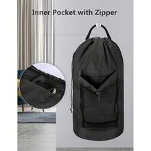 Mochila bolsa de lavandería, mochila de lavandería con correas de hombro y bolsillo de malla, bolsa de cesto de ropa duradera de nailon con cierre de cordón para la universidad, viajes, lavandería, apartamento - Negro - Ver 4