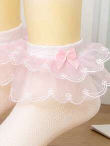 1 Pair Girls Solid Color Mesh Double-Layer Ruffle Dance Short Socks, Party & Dance - Pink - View 2