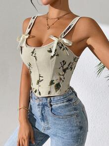 1pc New Design Printed Fashion Spaghetti Strap Backless Bow Tie Detail Crop Corset Top, Elegant - 杏色 - 查看 4