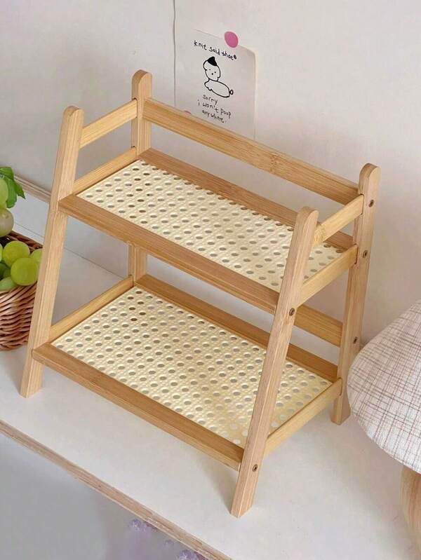 2-Layer Bamboo Tiered Storage Rack, White & Brown, Compact, Space-Saving For Cosmetics, Towels, Cookware, Kitchen, Bathroom, Desktop, Party Displays