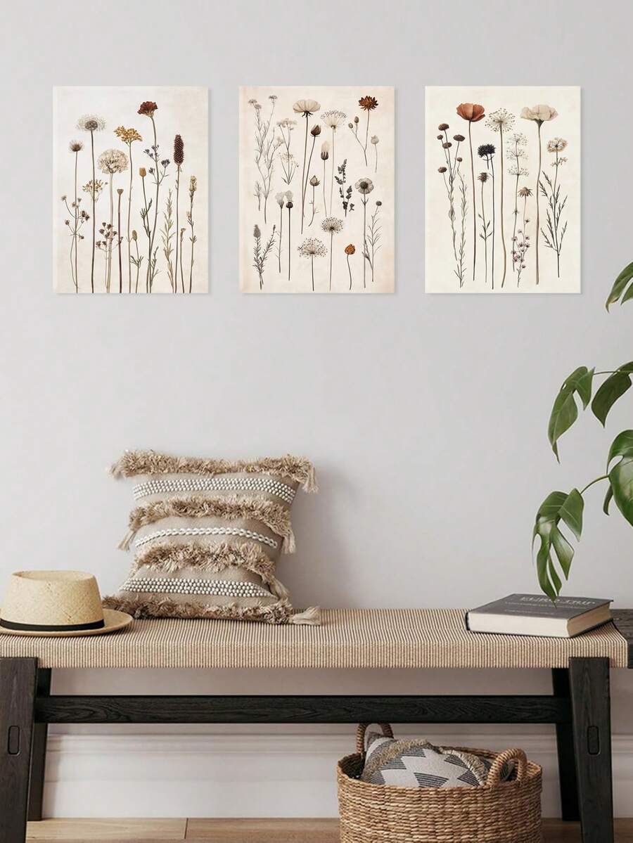3 件自然风格墙面艺术装饰，简约现代艺术品，柔和色调帆布印刷墙画，野花花束海报，复古花园画，植物印刷墙面艺术，海报，房间美学，理想礼物，可选裱框