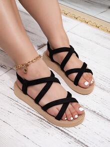 黑色交叉细带宽楦凉鞋（围度较宽，比常规围度宽2个码）美式复古时尚优雅适合搭配连衣裙去海滩度假约会旅行卡其色/黑色凉鞋欧美日韩甜美简约风减龄显瘦轻便舒适透气松紧带易穿脱女式宽楦凉鞋/夏季鞋
