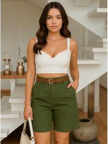 Women's Tailored Bermuda Shorts - Army Green - View 1