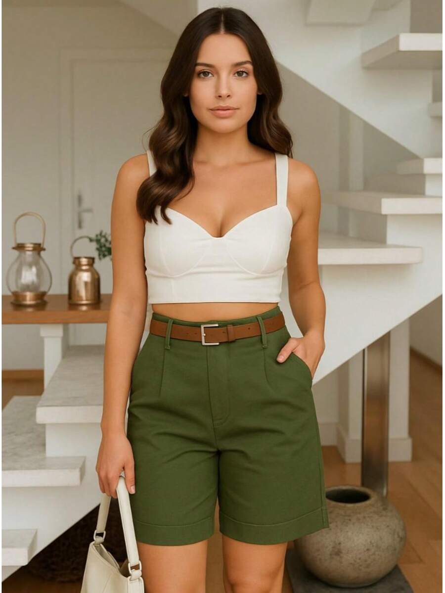 Women's Tailored Bermuda Shorts - Army Green - View 1