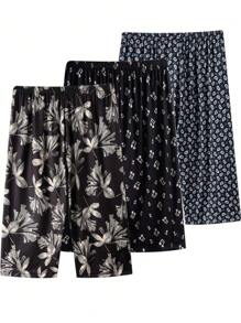 3pcs Women's Plus Casual Sleep Shorts, Plus Size Floral Print Elastic Waist Loose Home Wear Capri Pants