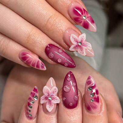 24片手工制作的中长杏仁形美甲贴纸，玫瑰红色，全覆盖，饰有3D手工花朵和波浪纹，易于佩戴，彩绘假指甲套装，光泽美甲，适合女性和女孩日常佩戴