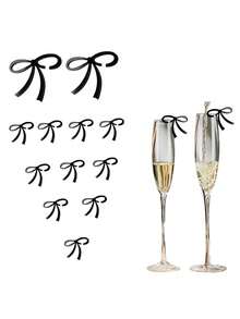 10 PIEZAS Etiquetas para vasos de fiesta con decoración de moños negros, etiquetas para bebidas de acrílico con moño para decoraciones de fiesta, boda, regalos, cumpleaños, graduación - Negro - Ver 4