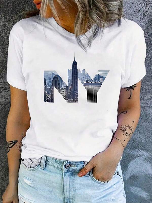 New York Aufdruck, weißes T-Shirt, Frühlings-/Sommer-Lässig Kurzarm-Oberteil, Damenbekleidung