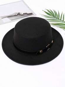 1 件女士日常和节日适用优雅针织帽，带圆形饰钉设计和对称腰带装饰牛仔帽女牛仔帽软毡软呢帽 - 黑色 - 查看 6