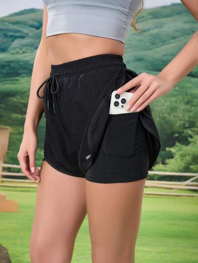 [二合一运动短裤] 女式几何印花运动短裤 - 90% 尼龙、10% 氨纶混纺、吸湿排汗、有弹性、针织运动休闲短裤，适合健身、锻炼、跑步、春季、夏季、秋季