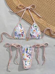 Conjunto de bikini de estilo dividido con estampado, nuevo estilo europeo y americano, traje de baño sexy y lindo con cordones para vacaciones en la playa, verano