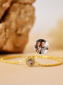 Personalized Photo Projection Bracelet, Round Diamond-Encrusted Sparkling Projection Bracelet, Customizable Round Diamond-Encrusted Photo Projection Bracelet, Ladies' Sparkling Diamond Projection Bracelet, Diamond Projection Bracelet With Glittering Chain, Customized Photo Bracelet, Mother's Memorial Gift, Projection Jewelry, Birthday Gift