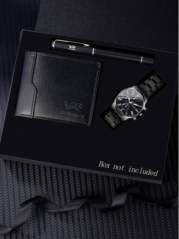 Set de 3 piezas: Reloj de cuarzo de negocios moderno y lujoso, billetera y bolígrafo, un regalo para el papá, para el Día del Padre