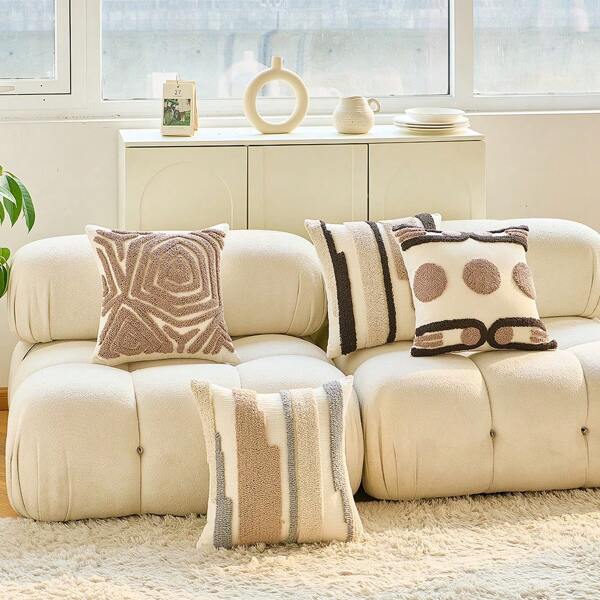 1pc Bohemian Geometric Floral Embroidered Fuzzy Zipper Pillow Cover, Decorative Cushion Cover For Living Room Or Bedroom, Without Pillow Insert