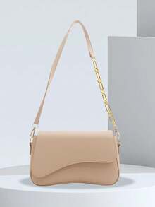 简约纯色单肩翻盖包，经典纹理斜挎包，女士钱包