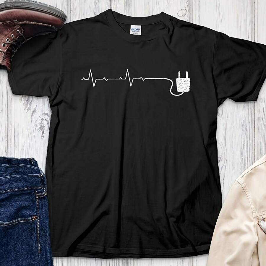 Camisa de electricista con estampado de latido del corazón - Camiseta de alta calidad de 220g de algodón puro con impresión minimalista, tela suave y transpirable, cómoda y holgada, adecuada para uso diario, adecuada para uso casual de oficina, apariencia diaria de primavera y verano, diseño elegante y juvenil. - Negro - Ver 1