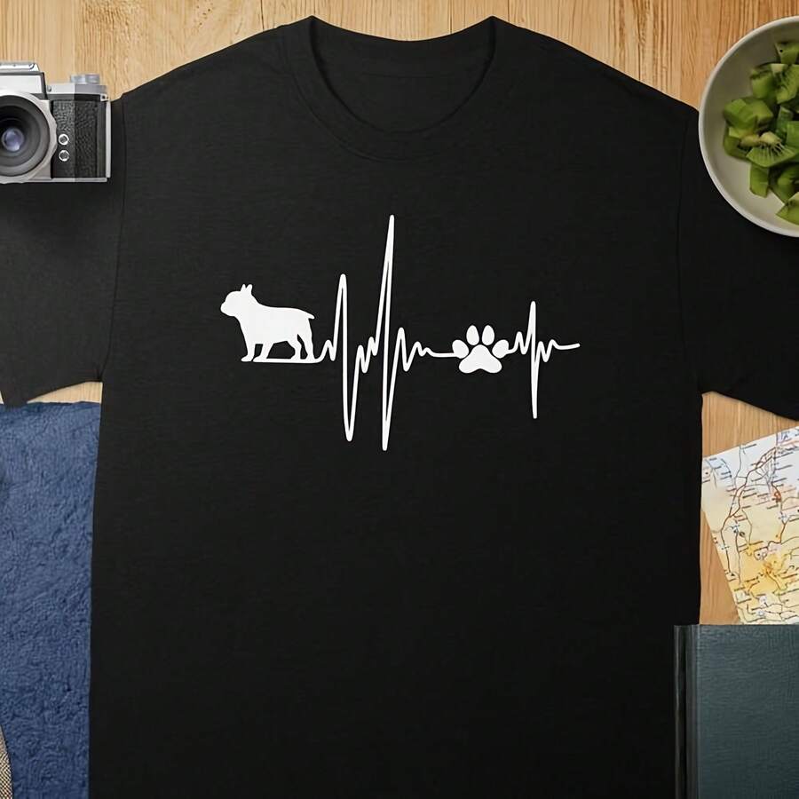 Camiseta de algodón puro de alta calidad de 220g con impresión minimalista de pata de bulldog francés, tela suave y transpirable, cómoda y holgada, adecuada para uso diario, atuendo casual de oficina, primavera y verano, diseño elegante y juvenil - Negro - Ver 1