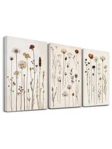 3 件自然风格墙面艺术装饰，简约现代艺术品，柔和色调帆布印刷墙画，野花花束海报，复古花园画，植物印刷墙面艺术，海报，房间美学，理想礼物，可选裱框
