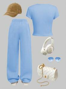 Tween Girls' Casual American Letter Print T-Shirt And Pants Set, Summer - Blue - View 2