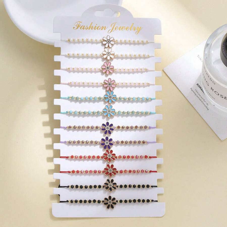 12 Stücke einstellbare, bunte Blumen-Perlen-Armbänder, modischer, boho Strand-Stil Harz-Armbänder Schmuck für Frauen & Mädchen, geeignet für den täglichen Gebrauch, Reisen, Radfahren, Fotografie, Partys, als Geschenk zu Thanksgiving, Valentinstag, Abschluss, Muttertag