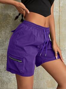 Quần short nữ dáng rộng, màu trơn, cạp chun, khóa kéo, ống suông, thích hợp mặc hàng ngày mùa hè. - Màu tím - Xem 3