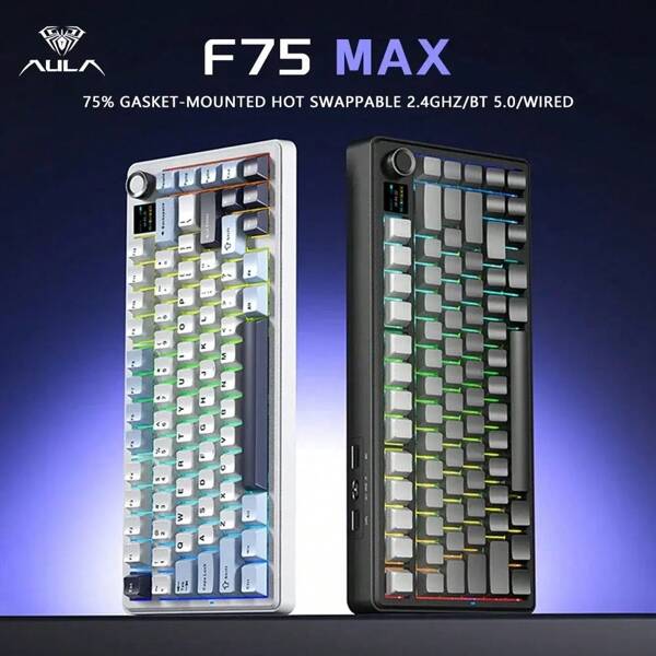 AULA لوحة مفاتيح ميكانيكية مخصصة F75 MAX ، لوحة مفاتيح لاسلكية 2.4 جيجا هرتز/بلوتوث/ سلكية ثلاثية الأوضاع ، لوحة مفاتيح ألعاب إضاءة خلفية RGB قابلة للتبديل ساخنة ، لوحة مفاتيح مكتبية مخصصة 81 مفتاح مع شاشة عرض ذكية TFT وأزرار الوسائط المتعددة ، تصميم إرجونومي ، مفاتيح PBT ، تكوين تخطيط 75٪ ، يمكن التبديل بين وضعي اللعب والمكتب ، ويمكن استخدامها على أجهزة الكمبيوتر والأجهزة المحمولة