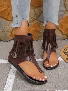 The 2025 Summer New Style Of Fashionable And Comfortable Soft-Soled Flat-Bottomed Toe Toe Brown Tassel Short Ankle Metal Buckle Beach Casual Versatile Hollow Breathable Back Zipper Women's Ankle Boots - Brown - View 1