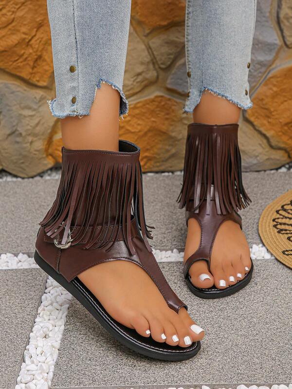 The 2025 Summer New Style Of Fashionable And Comfortable Soft-Soled Flat-Bottomed Toe Toe Brown Tassel Short Ankle Metal Buckle Beach Casual Versatile Hollow Breathable Back Zipper Women's Ankle Boots