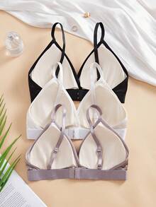 3PCS Women's Summer French Triangle Cup Silk Bra With No Underwire, Detachable Chest Pads, Adjustable Shoulder Straps, Casual Minimalist, Everyday Versatile Solid Color Deep V Bra - Multicolor - View 3