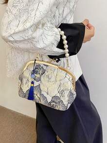 女士优雅串珠刺绣流苏花卉印花手提包/手拿包，适合晚宴、婚礼、宴会等场合，也是母亲节、伴娘、情人节的创意礼物之选。 - 藍色 - 查看 5