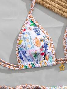 Conjunto de bikini de estilo dividido con estampado, nuevo estilo europeo y americano, traje de baño sexy y lindo con cordones para vacaciones en la playa, verano