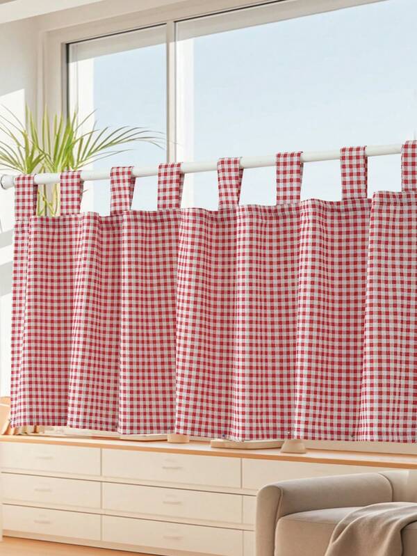 1pc Plaid Valance Curtain, Coffee Shade Small Window Curtain Panels For Doors