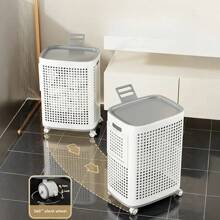 Laundry Basket With Wheels – White & Gray Plastic Hamper With Ventilated Sides For Clothes – Movable Storage Solution For Dorms, Bedrooms, And Bathrooms, Laundry Room Accessories, Laundry Baskets.