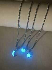 ATLVXJL 2 pièces/Set Couple Lune et Soleil Phosphorescent Pendentif Magnétique Chaîne en Acier Inoxydable avec Perles, Convient pour le Port Quotidien et Cadeau de la Saint-Valentin