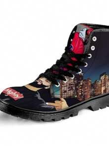 Men's Red Caricature Lace Up Canvas Boots - Black - View 4