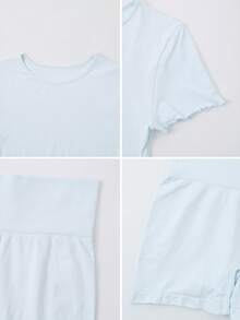 NcmRyu 1 Set Women's Fashionable Solid Color Slim Fit Shaping Short Sleeve Shorts Sports Suit - Baby Blue - View 3