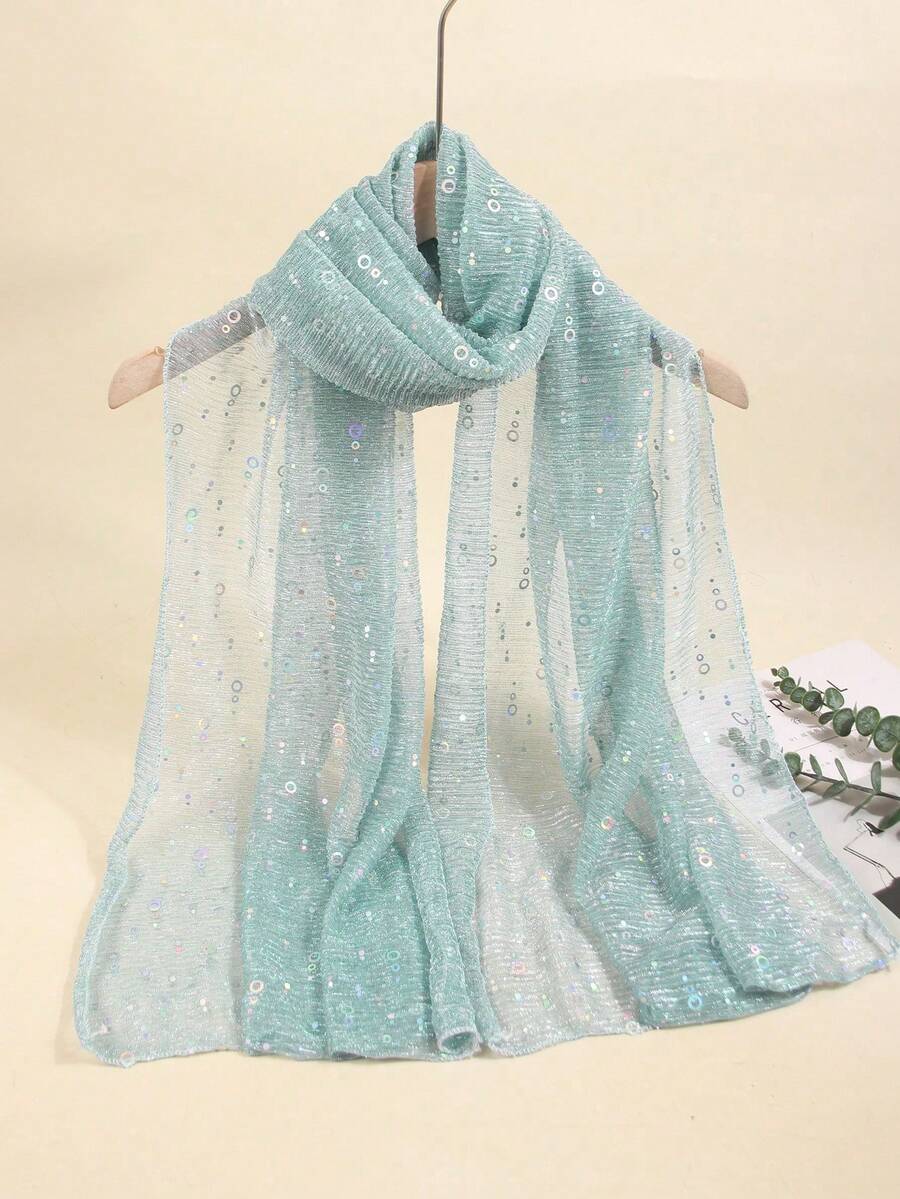 1pc Women's Lightweight Solid Color Sequin Bandana Scarf, Headscarf, Middle Eastern Hijab, Decorative Shawl, Sun Protection Beach Wrap, Suitable For Daily Use - Mint Green - View 1